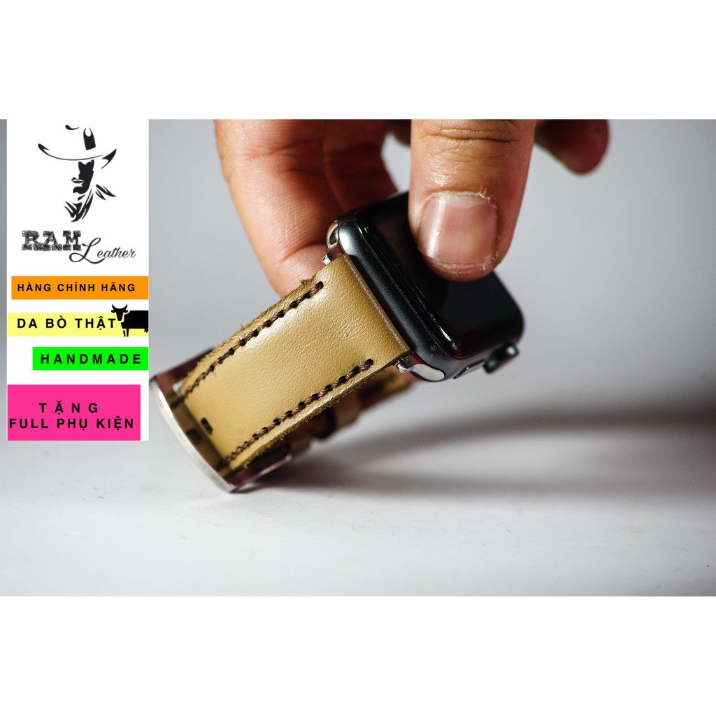 Dây đồng hồ Apple Watch , Iwatch , Iphone Watch Da Bò Màu Trà Sữa RAM Leather Bền Đẹp