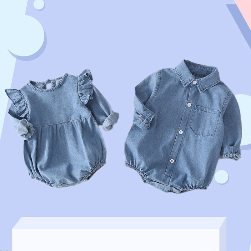 Bộ áo liền quần denim trơn màu cho bé gái