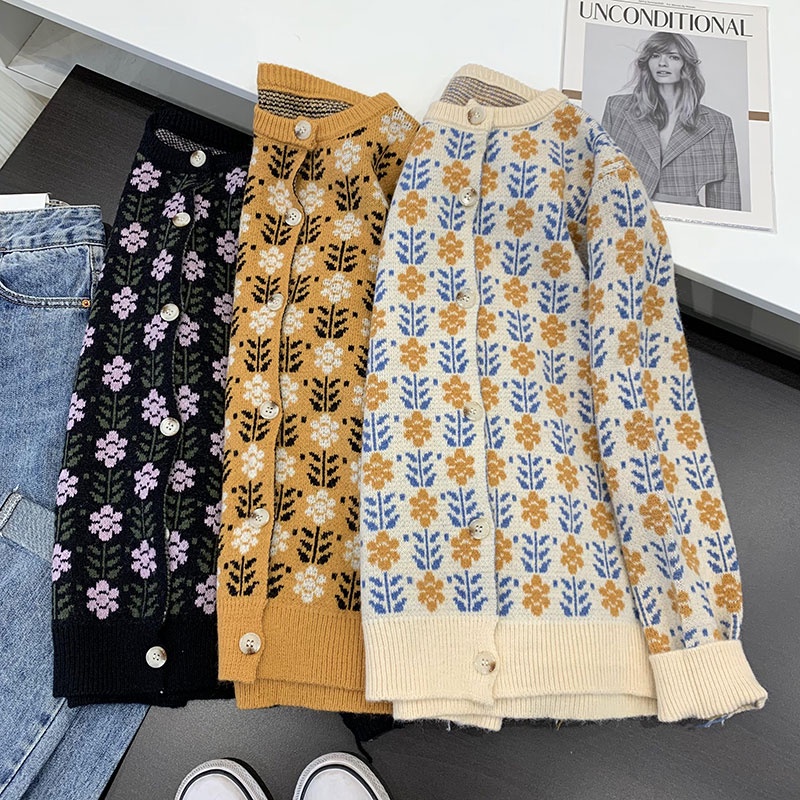 NUZIRO  Áo khoác len cardigan  cổ tròn họa tiết hoa phong cách Hàn Quốc mới cho nữ