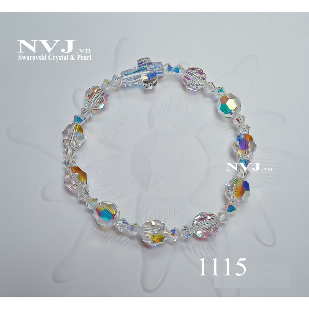 Vòng tay mân côi pha lê Swarovski, 4 màu tùy chọn, hạt tròn, nón, thánh giá - Trang sức NVJ