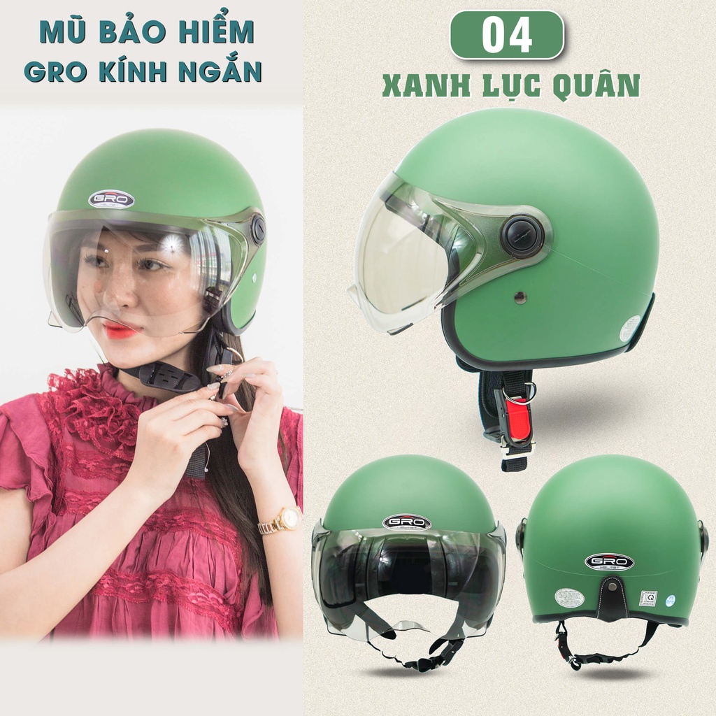 Mũ Bảo Hiểm 3/4 đầu GRO Helmet T818 có kính ngắn che nửa mặt, kiểu dáng thời trang cho nữ, khóa kim loại - Nhiều màu