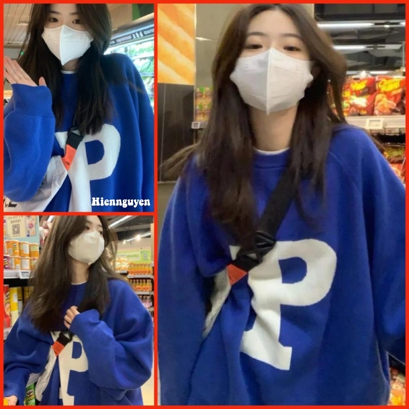 Áo Sweater Xanh Chữ P Unisex [FREESHIP] Nỉ form rộng tay phồng kiểu dáng thể thao đường phố hàn quố
