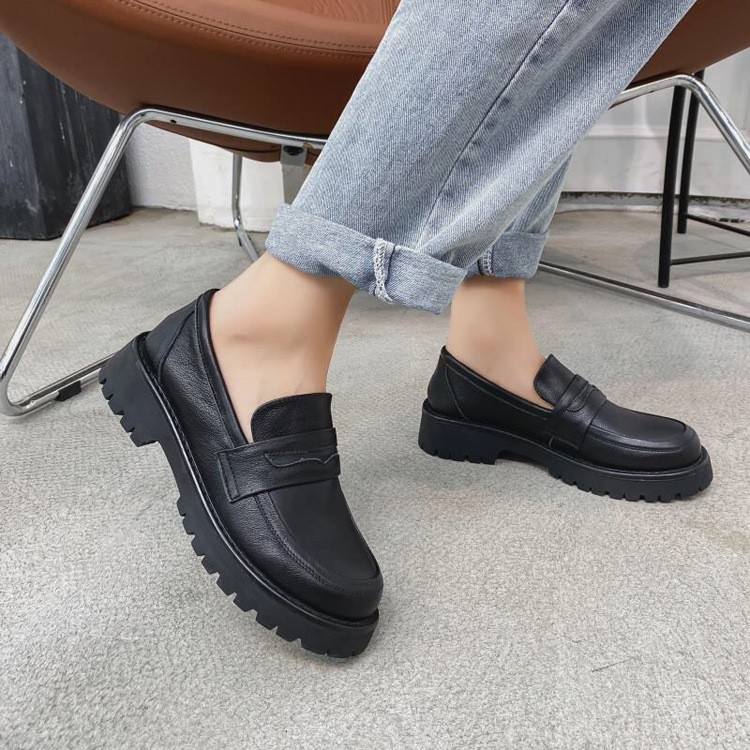 Giày Oxford nữ đen phong cách Hàn Quốc, giày da nữ mũi tròn, không dây buộc tiện lợi | BigBuy360 - bigbuy360.vn