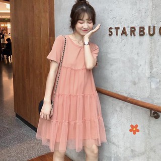 Đầm nữ cổ tròn ngắn tay phối lưới thời trang