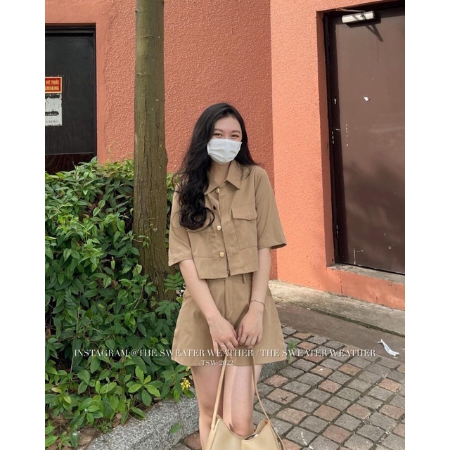 Set 3 Món Kaki (loại 1) Áo Khoác Tay Ngắn Kèm Áo Dây ALBX Mix Quần Short