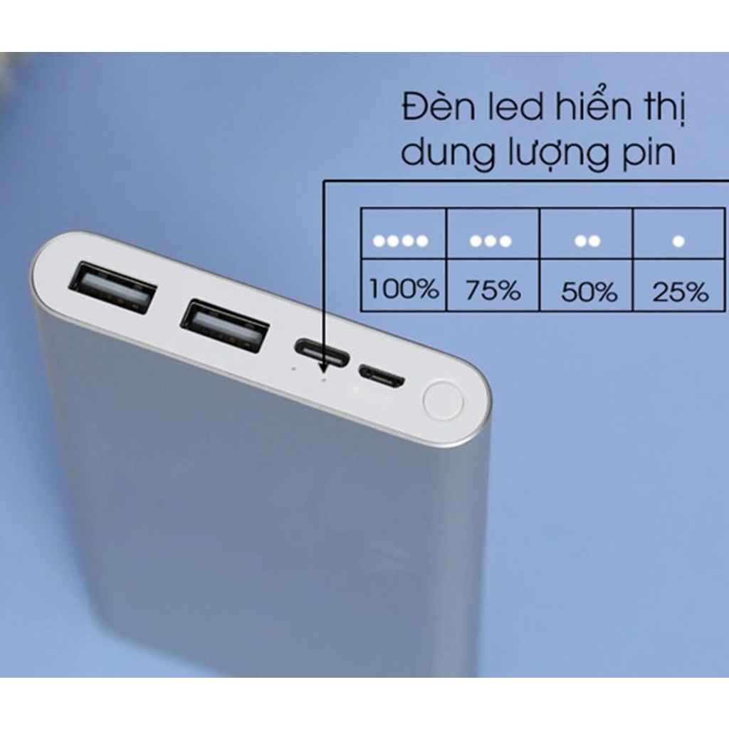 Pin sạc dự phòng Xiaomi Gen 3 dung lượng 10.000 mAh- 2 cổng USB , Hỗ trợ cổng sạc type-C