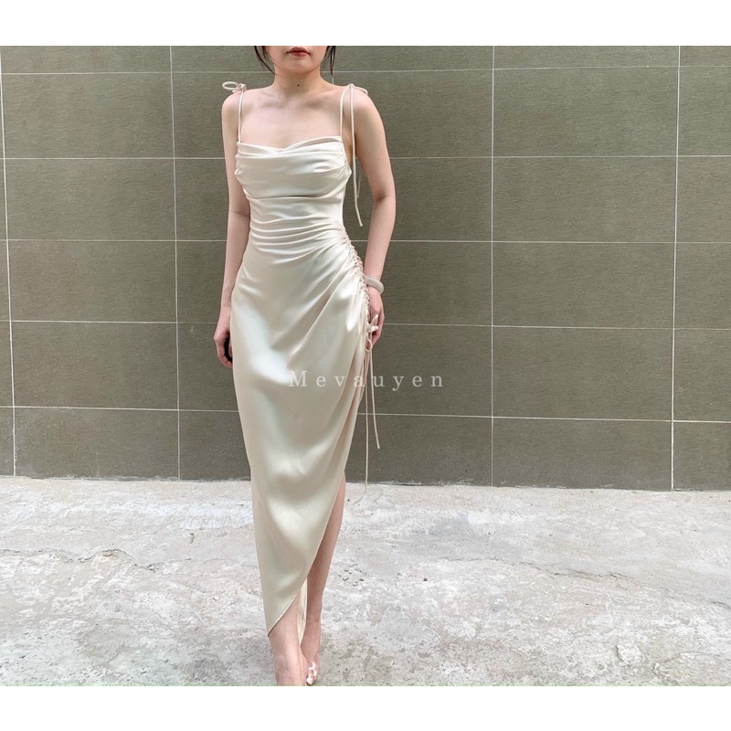 Đầm lụa dài vạt xéo, rút dây che bụng cực sexy và sang trọng