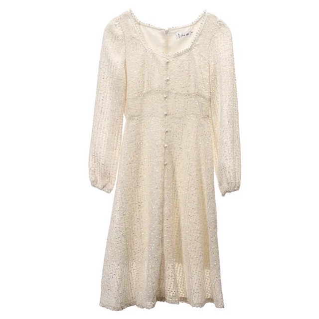 (Sẵn) Váy cổ vuông đính ngọc tay dài / Đầm Quảng Châu | BigBuy360 - bigbuy360.vn