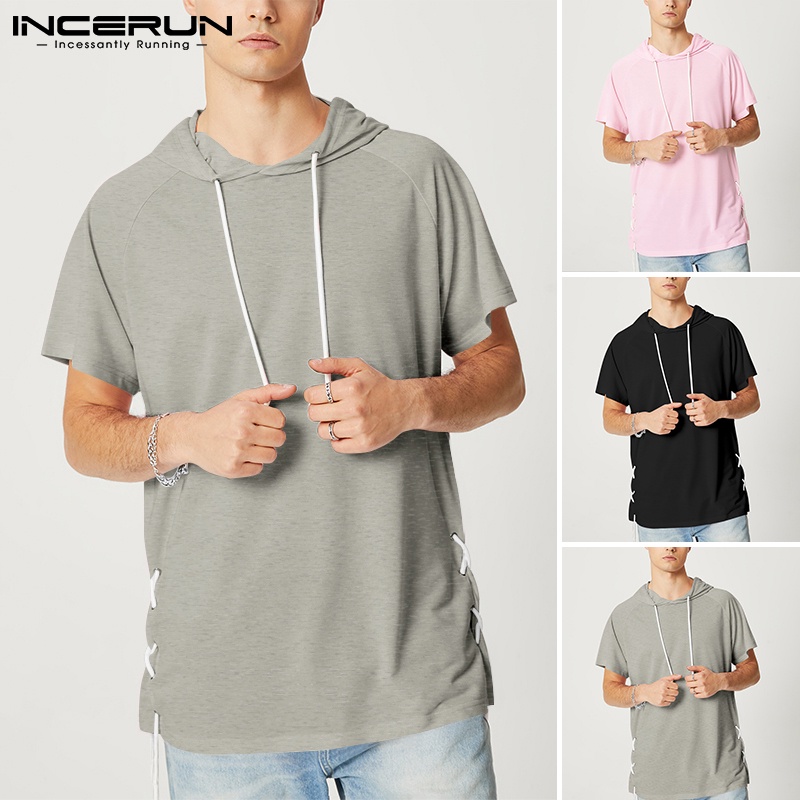 INCERUN Áo Hoodie Dây Rút Ngắn Tay Thời Trang Trẻ Trung Cho Nam