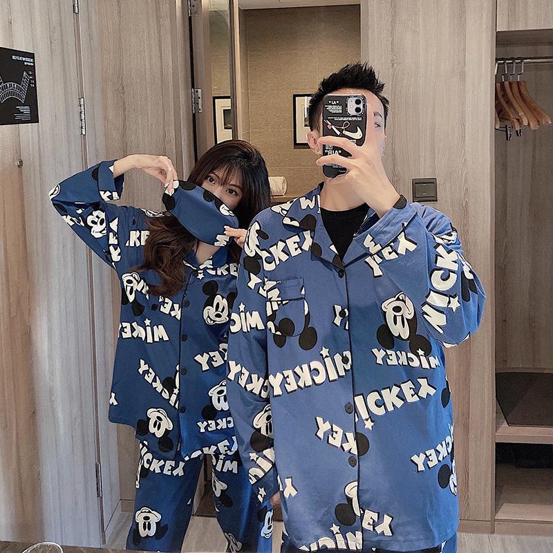 Set đồ ngủ tay dài in hình chuột Mickey dễ thương thời trang thu đông cho cặp đôi T6lD