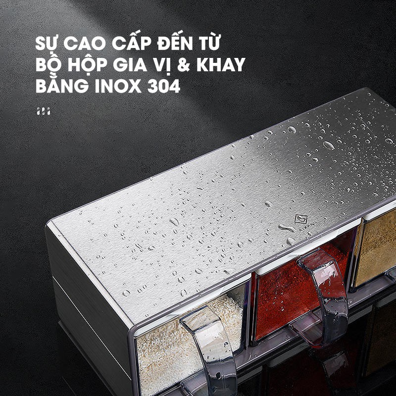 [Chính hãng] Bộ hộp đựng gia vị kèm kệ inox 304 cao cấp, dung tích lớn JIANXIA