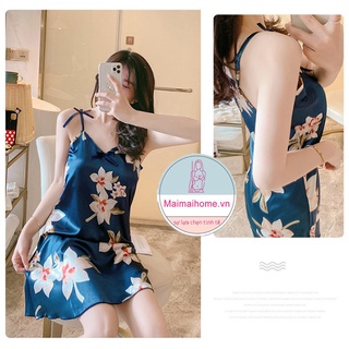 VÁY NGỦ 2 DÂY HOA XANH LỤA SATIN [Maimaihome]