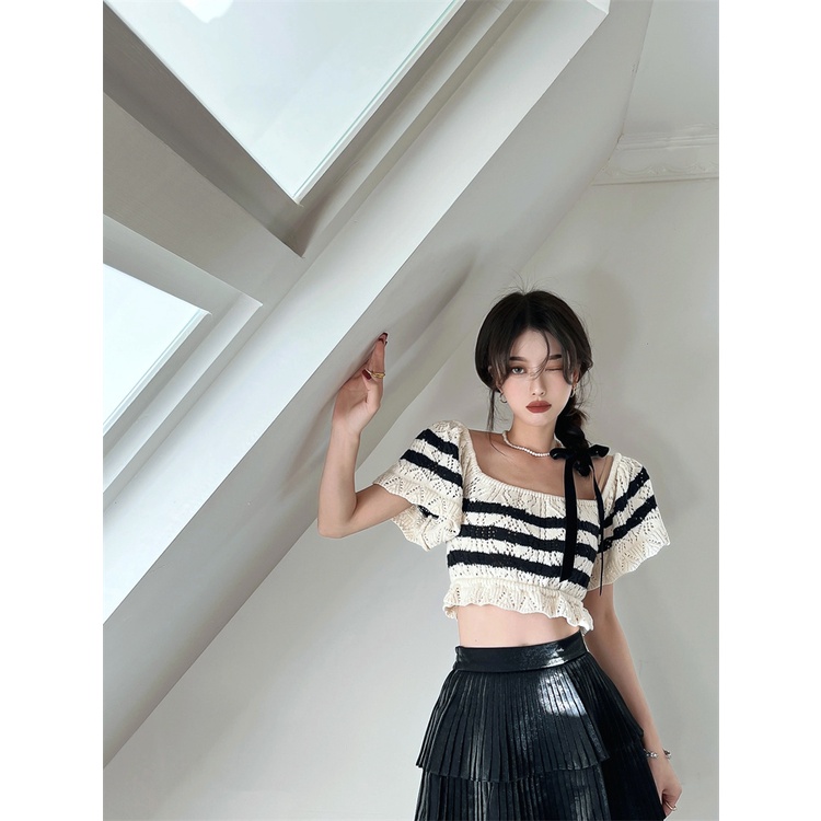 Porozi  Áo sơ mi croptop dệt kim  ngắn tay cổ vuông họa tiết kẻ sọc thời trang Hàn Quốc cho nữ