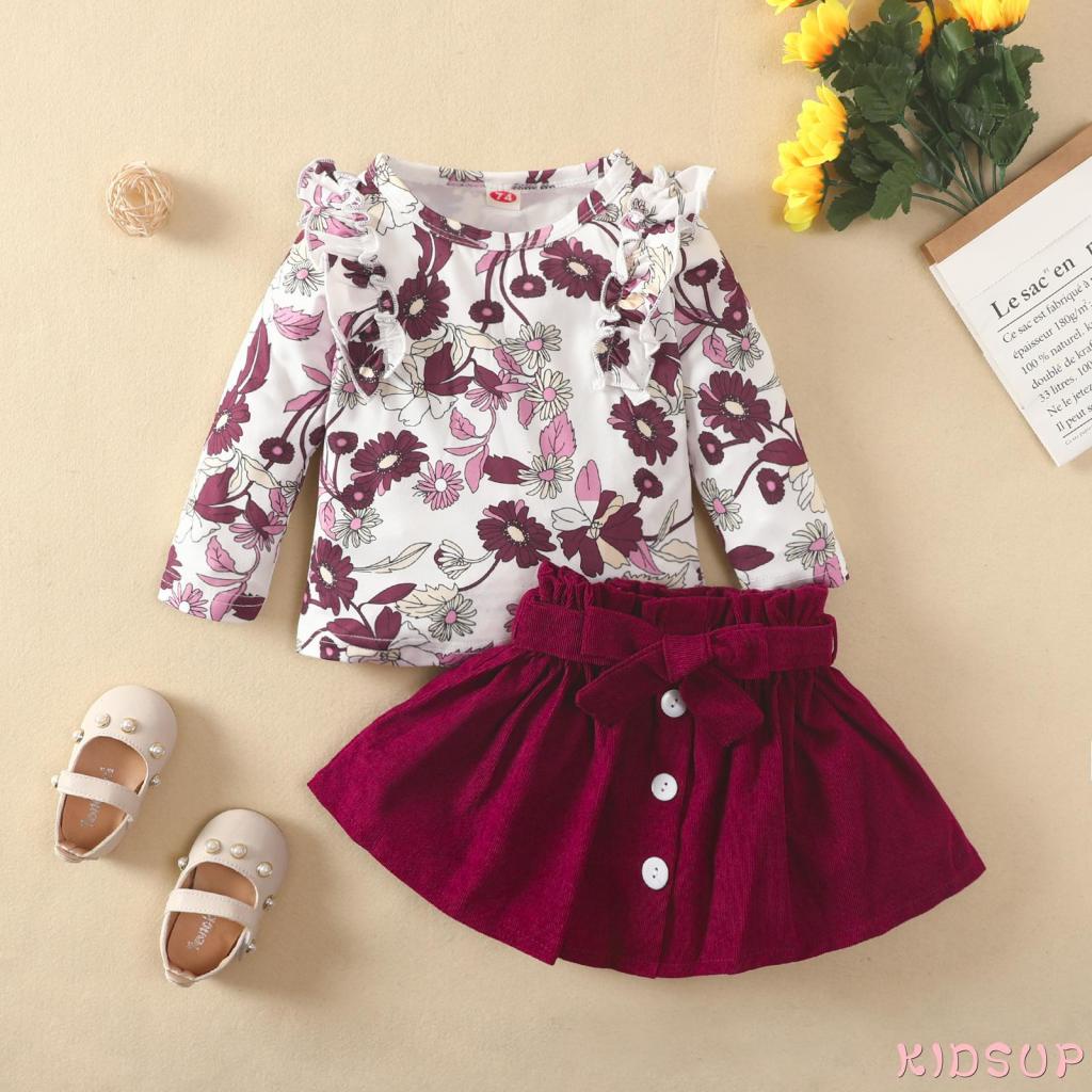 Set áo tay dài in hoa + chân váy chữ A màu đỏ rượu cho bé gái