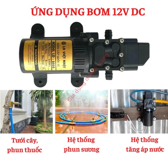 Máy bơm nước mini 12v, Máy bơm phun sương việt nhật kèm đầu chuyển nối nhanh 12mm ra 8mm
