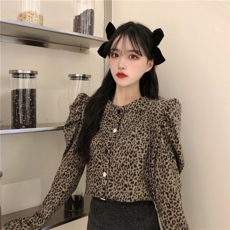 Áo Sơ Mi Tay Phồng In Họa Tiết Da Báo Thời Trang Mùa Thu Dễ Phối Đồ