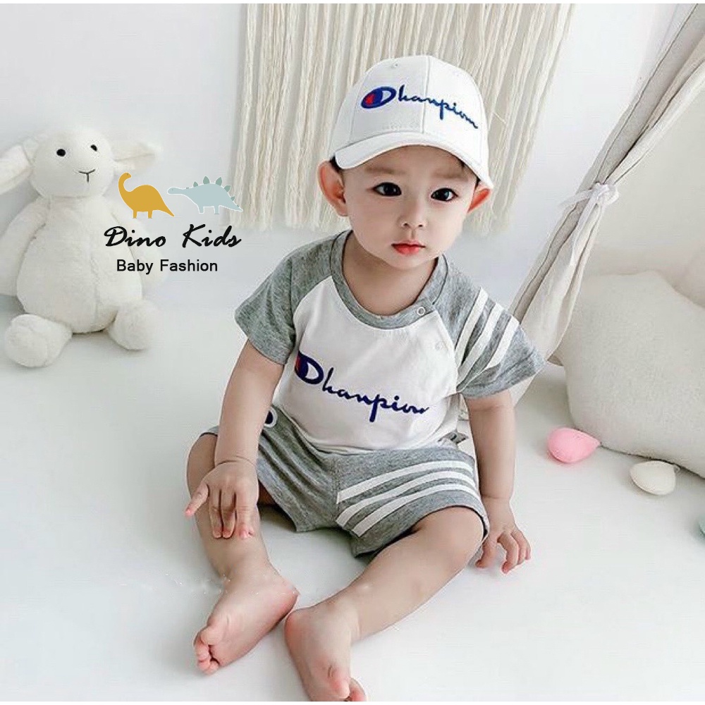 Bộ cộc tay bé trai, set 3ct bộ cotton Championn phối tay khỏe khoắn kèm mũ cho bé