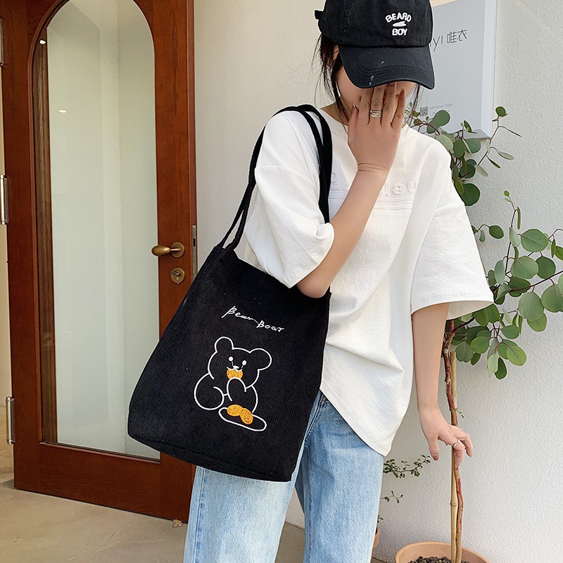 Túi Tote Vải Nhung Kẻ Sọc Hình Gấu Mới Cho Nữ Sinh