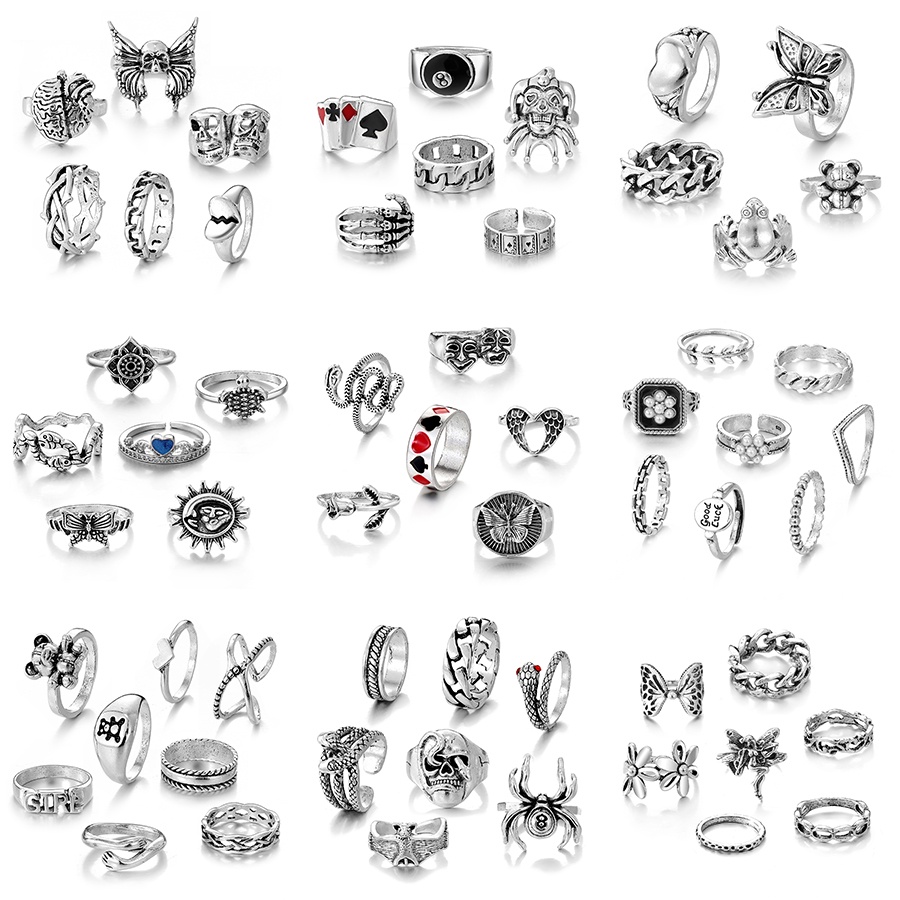 Bộ Nhẫn Thời Trang Mạ Bạc Hình Rắn/Bướm/Hoa/Đầu Lâu Phong Cách Gothic Cổ Điển Cho Nữ