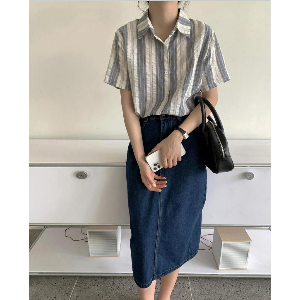 Áo Sơ Mi Cotton Lanh Kẻ Sọc Ngắn Tay Thời Trang Hè Hàn Quốc Sành Điệu 62164