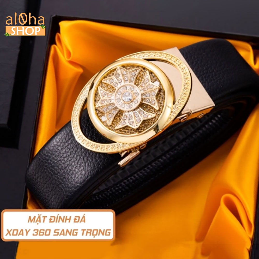 Thắt lưng da nam cao cấp mặt elip đính đá xoay 360, khoá tự động - al0ha Shop