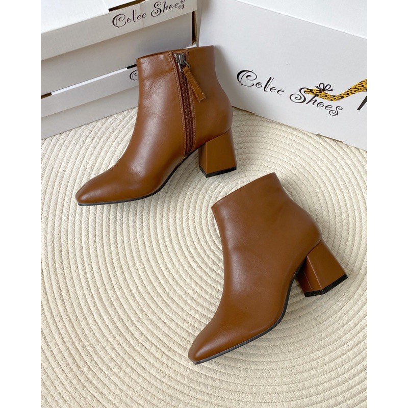 Giày boots nữ cao gót mũi vuông cổ ngắn thời trang gót vuông 5cm