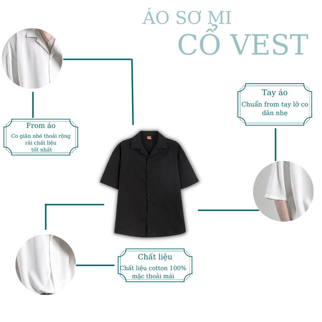 Áo Sơ Mi Ngắn Tay Nam Nữ Cổ Vest NPV Trắng, Đen, Nâu - Kiểu sơ mi tay ngắn form rộng Cổ Vest