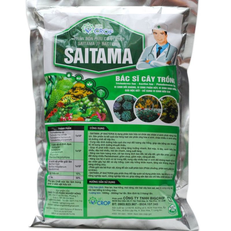 Phân bón hữu cơ vi sinh SAITAMA- chứa nấm đối kháng trichoderma, nấm cố định đạm, phân hủy lân, cải tạo đất bảo vệ rễ.