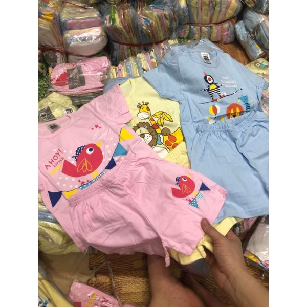 Bộ Quần Áo Cộc Tay Cài Vai Cotton In Hoạ Tiết Con Vật Cho Bé Trai, Bé Gái