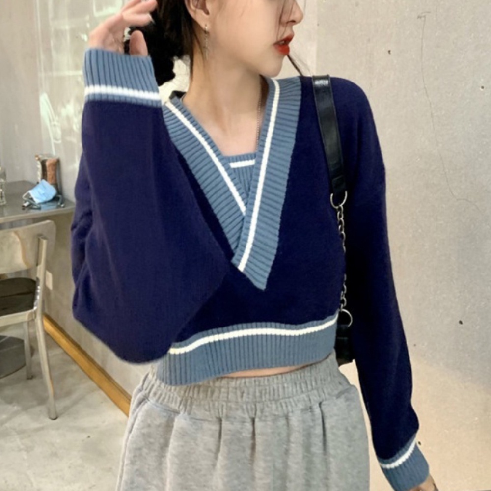 Korean Style Women Knitted V-neck Stripes Sweater Student Loose Long Sleeve