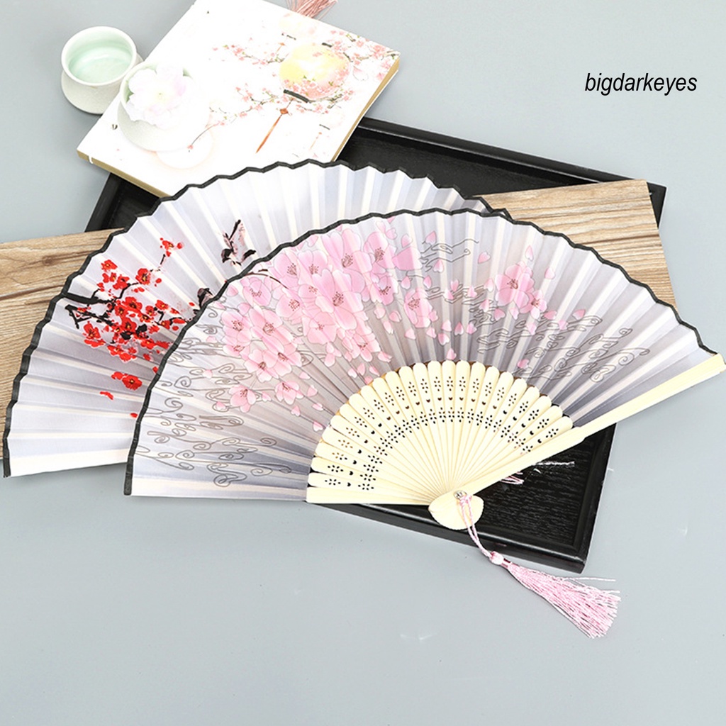 Quạt Xếp Cầm Tay Bằng Tre Chống Biến Dạng In Họa Tiết Hoa Phối Tua Rua Phong Cách Trung Hoa Độc Đáo