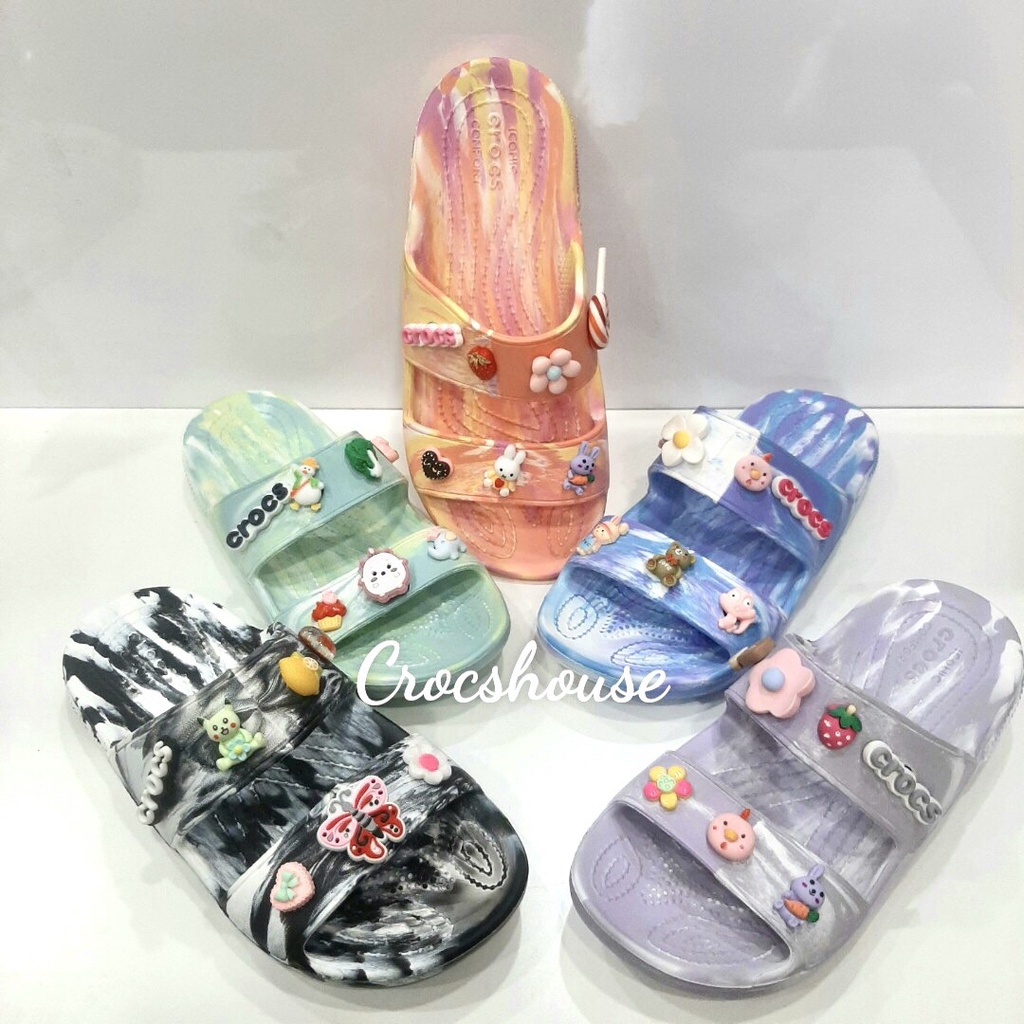 (Cao cấp) Dép crocs hai quai ngang nam nữ, dép cross phun sơn, loang màu tặng 2 jibbitz stickers - crocs house