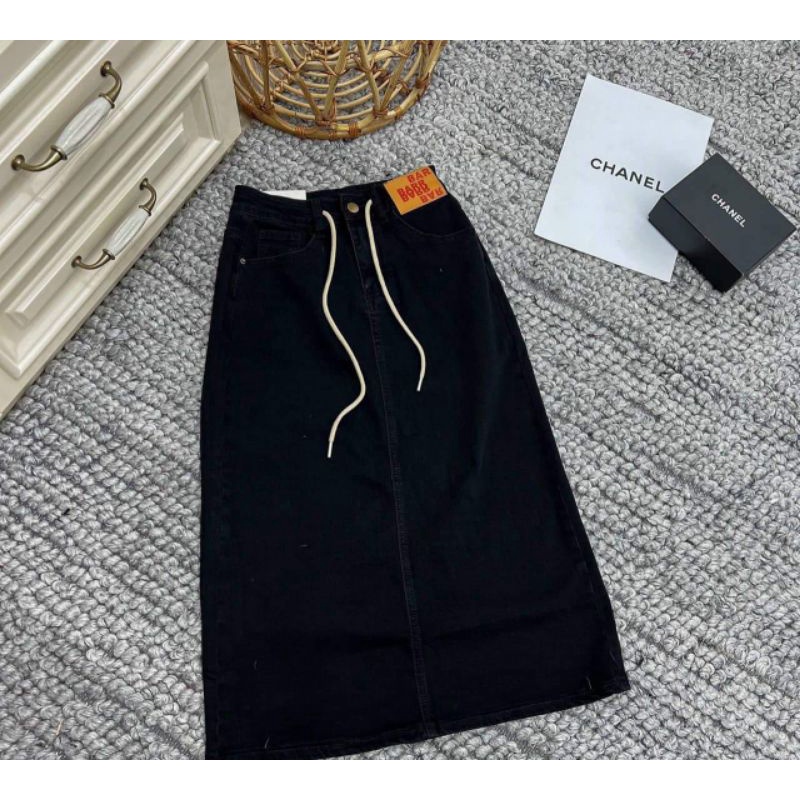Chân váy jeans dài tag da cạp hàng QCL1