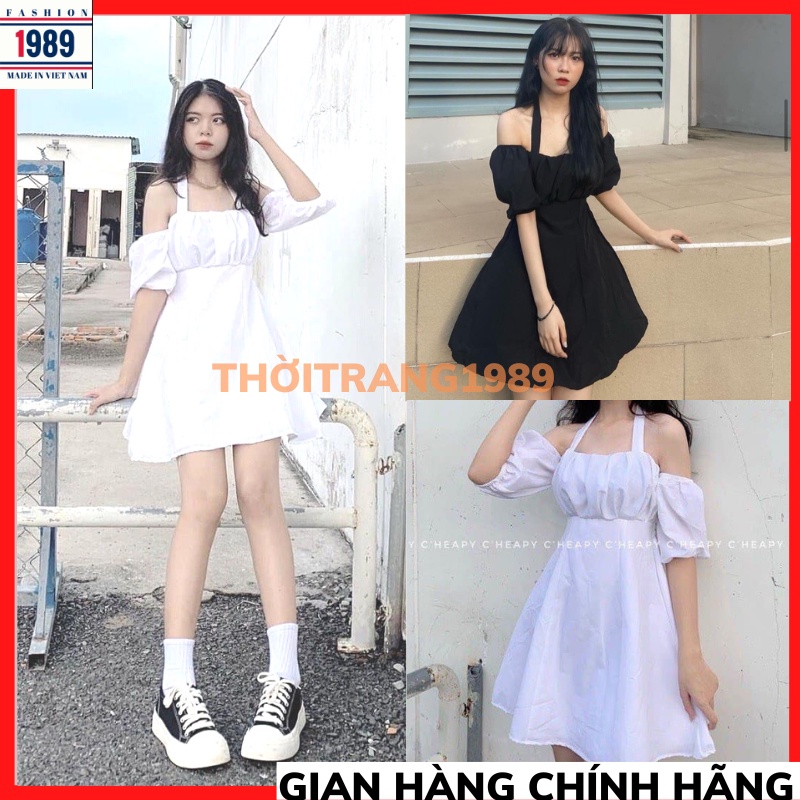 Váy đầm nữ cổ yếm buộc dây trễ hở vai Ylydress màu đen trắng dáng chữ A xòe ngắn mini freesize sexy hàn quốc