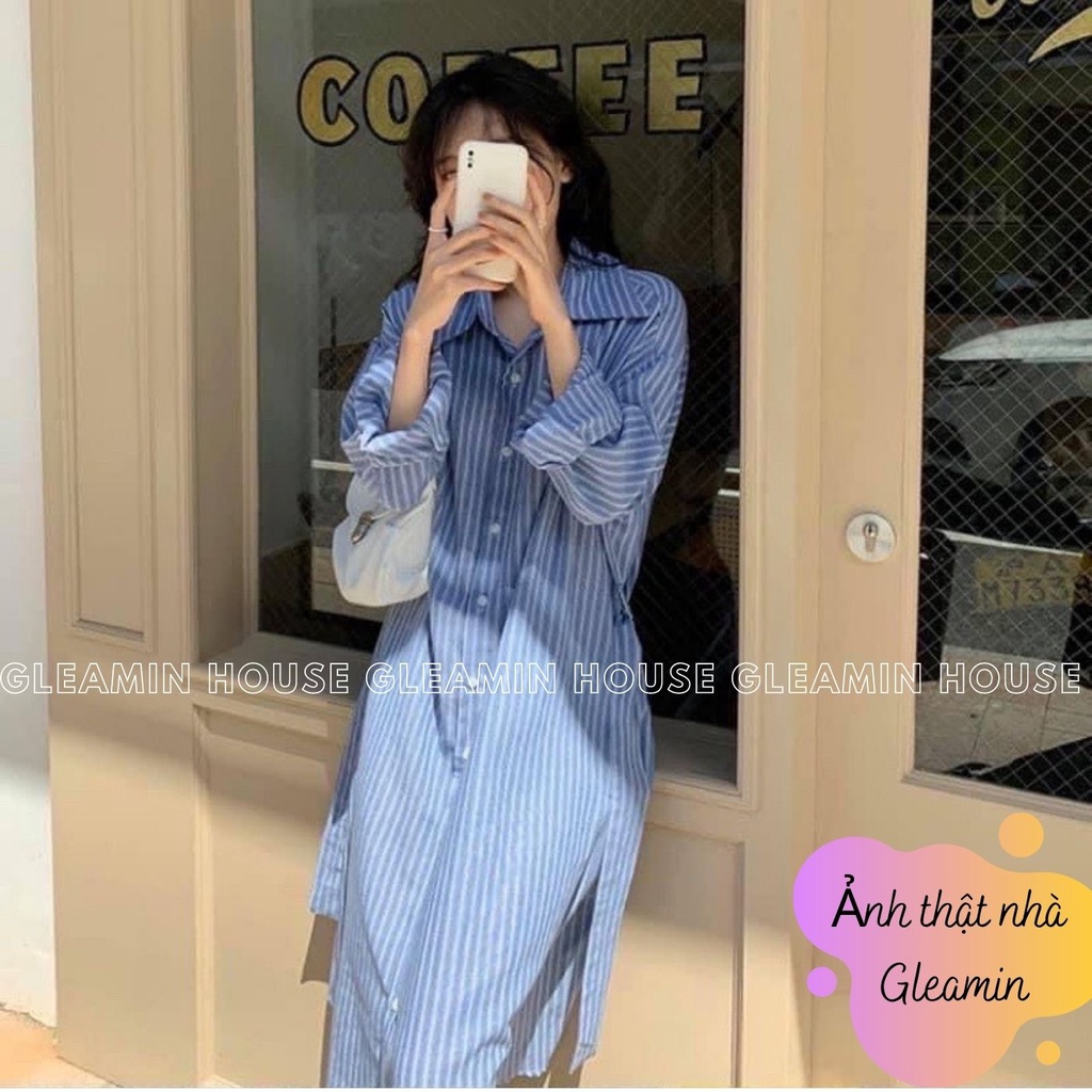 Váy - Đầm sơ mi nữ dáng suông kẻ sọc xanh dài tay kèm đai hai màu đen xanh phong cách Hàn Quốc