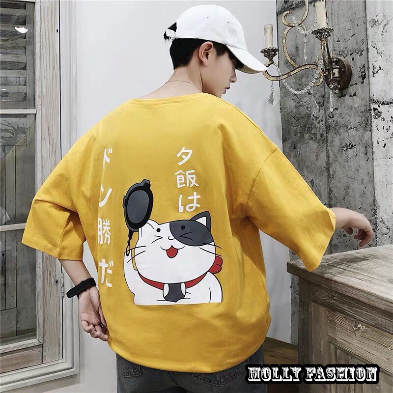 Áo thun tay lỡ Unisex MÈO CẦM CHẢO form rộng Freesize dành cho nam nữ Molly Fashion