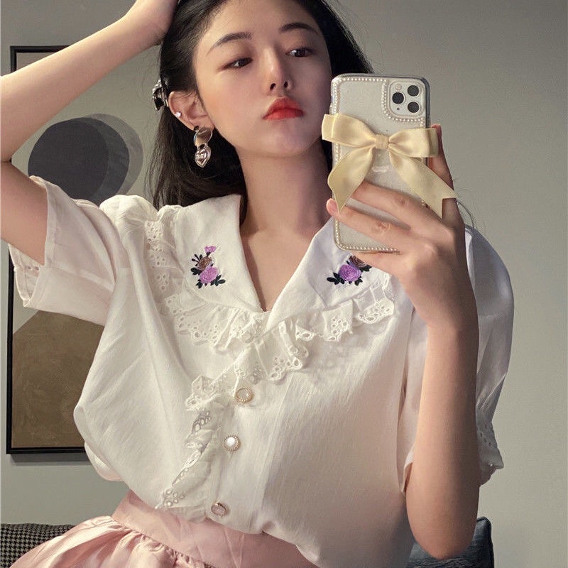 Áo sơ mi nữ tay ngắn cổ sen phối ren tiểu thư bánh bèo hàng QCCC mã QD0218