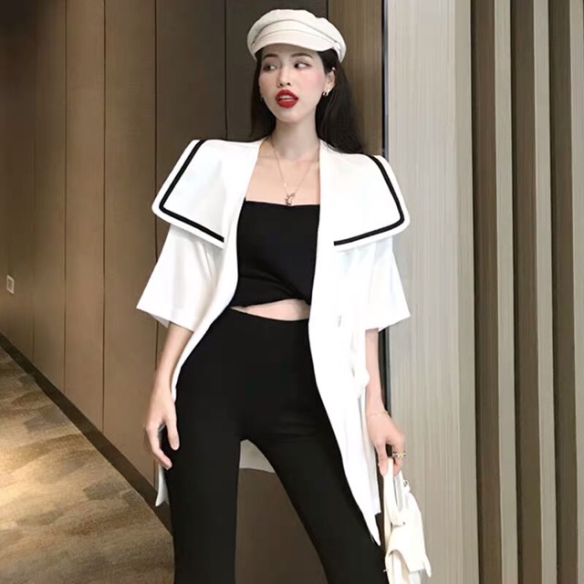 (Order-ảnh thật) Áo khoác cổ bẻ viền màu tay lửng oversize cá tính, siêu độc lạ