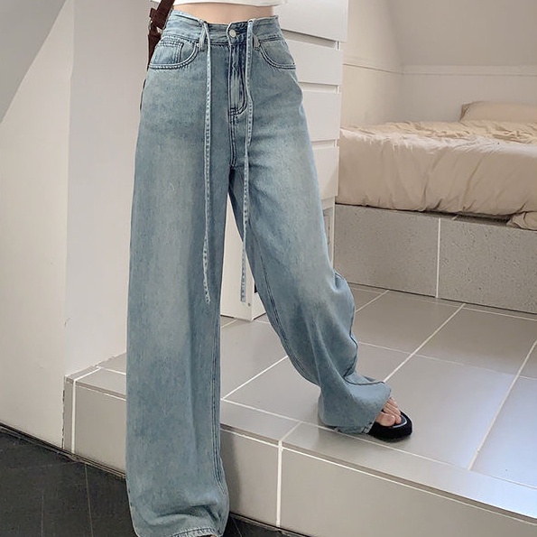 Quần jean ống rộng SUXI lưng cao màu sắc đơn giản thời trang thu đông cho nữ