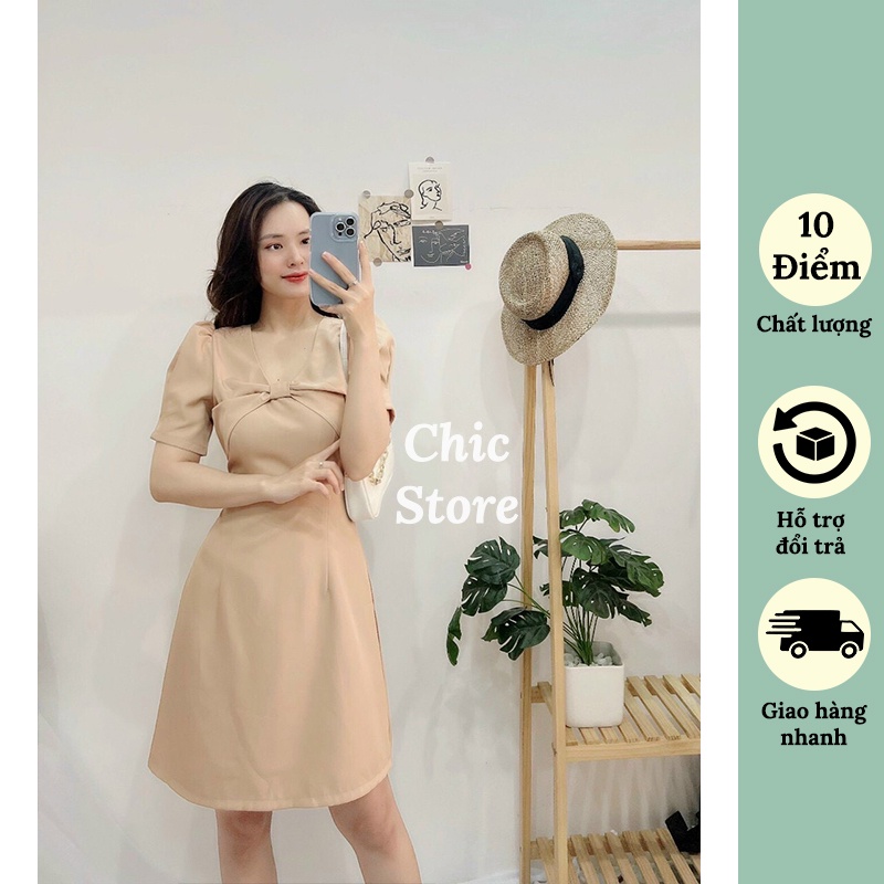 Đầm công sở thanh lịch, váy dự tiệc tay phồng cách điệu nơ trước ngực Chic.Store