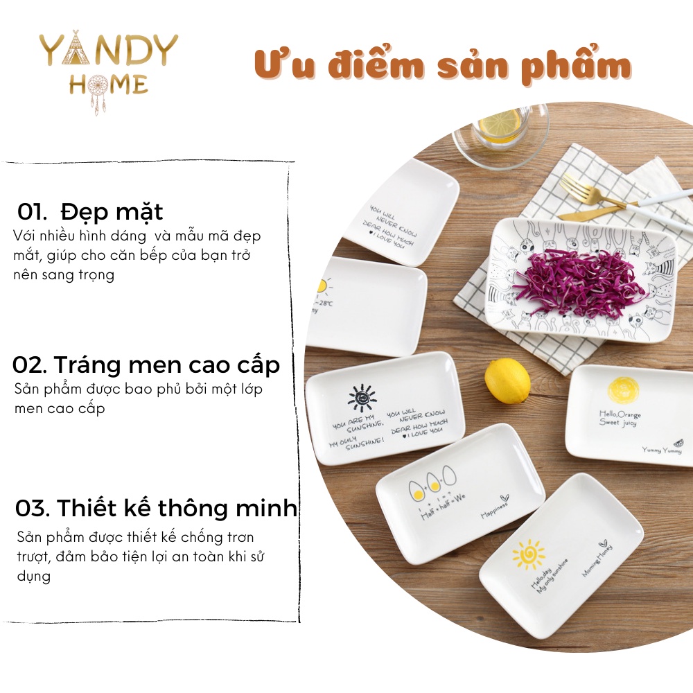 Đĩa gốm sứ YANDY HOME D02 hình chữ nhật men trắng bóng nhiều họa tiết dùng được trong lò vi sóng