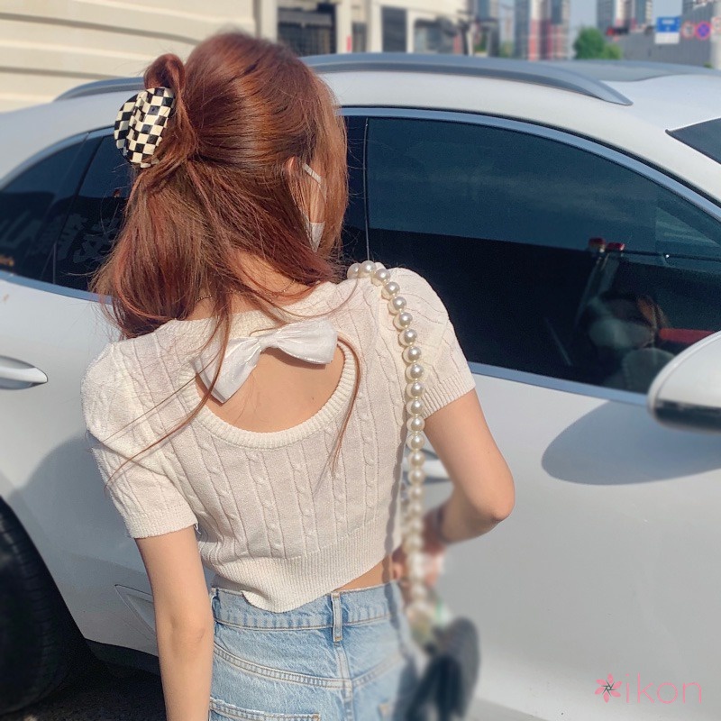 Áo Croptop Dệt Kim Tay Ngắn Cổ Tròn Màu Sắc Thanh Lịch