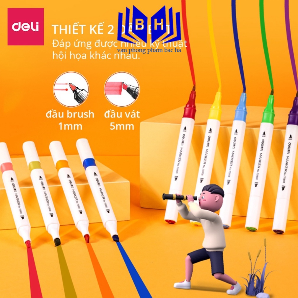 Bắc Hà Bút màu marker 2 đầu túi vải bò Deli - mực có thể rửa được - có đầu brush và vát - 30 màu/40màu/60màu/80màu -7080