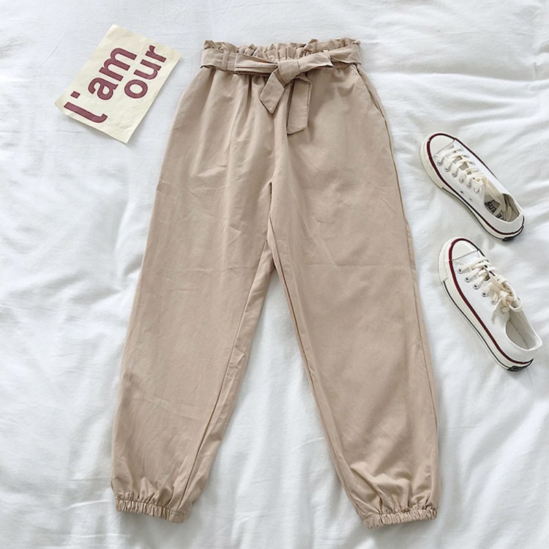 Women Harem Pants Mid Waist Elastic Drawstring Solid Color Straight Casual Long Nine Pants | BigBuy360 - bigbuy360.vn
