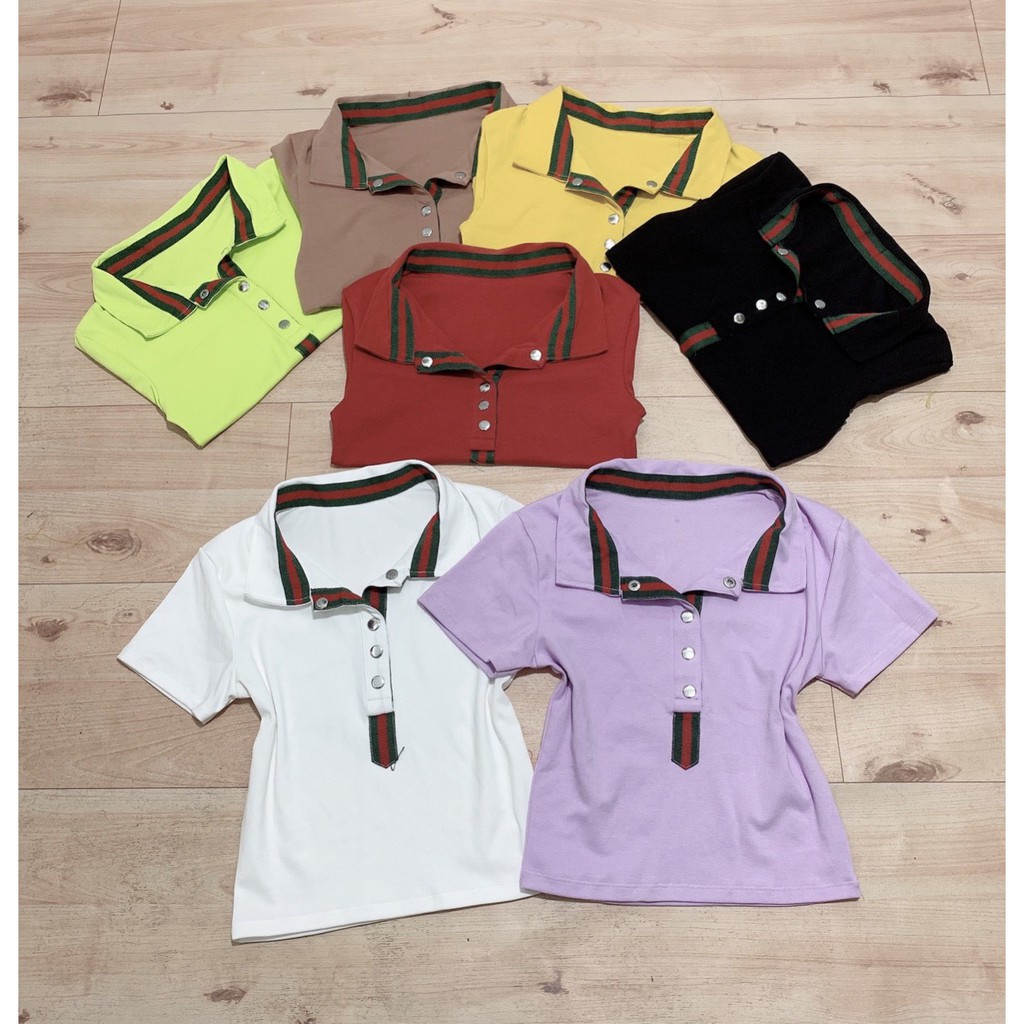áo croptop cổ bẻ phối màu đen đỏ đính nút, chất bozip mềm, áo kiểu nữ