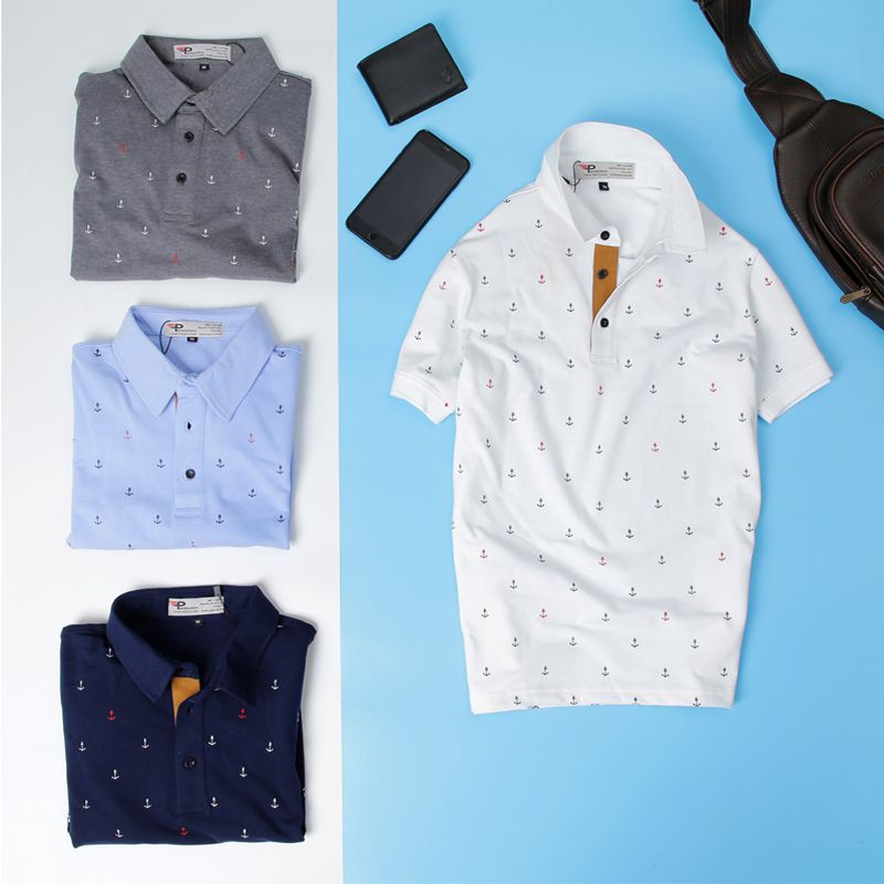 Áo thun nam polo họa tiết mỏ neo trụ áo lót da lộn cao cấp Pigofashion Zaht24 chọn màu