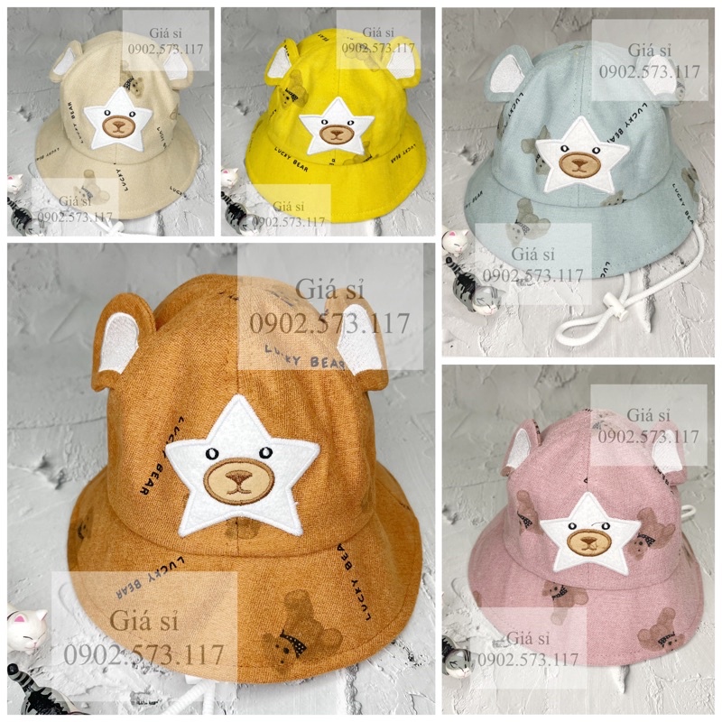 Nón bucket thêu GẤU ngôi sao siêu cute dành cho bé từ 2 - 4 tuổi có dây rút
