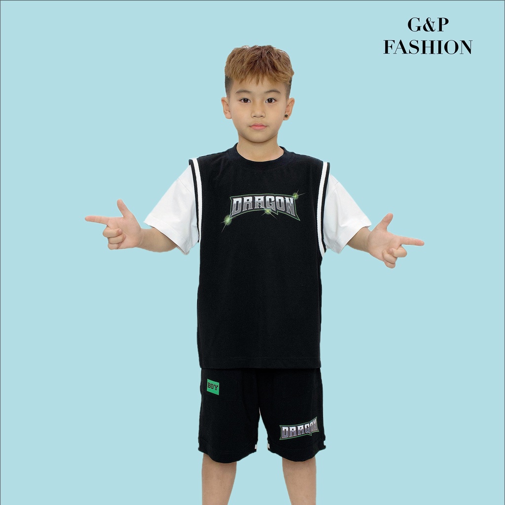 Quần áo trẻ em bộ cotton Dragon BT màu đen viền trắng siêu mát mềm mại thời trang xuân hè cho bé trai 3-12 tuổi