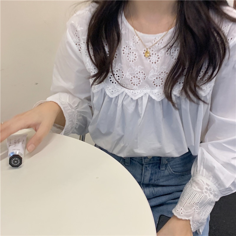 SUXI Áo Kiểu Tay Dài Cổ Tròn Phối Ren Phong Cách Hàn Quốc Thời Trang Mùa Thu Cho Nữ