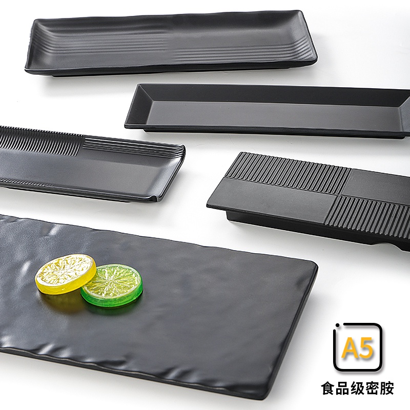 < Chất Lượng Cao * Đĩa Nhựa Melamine Dài Mặt Phẳng Màu Đen Hình Chữ Nhật Cho Bàn Ăn